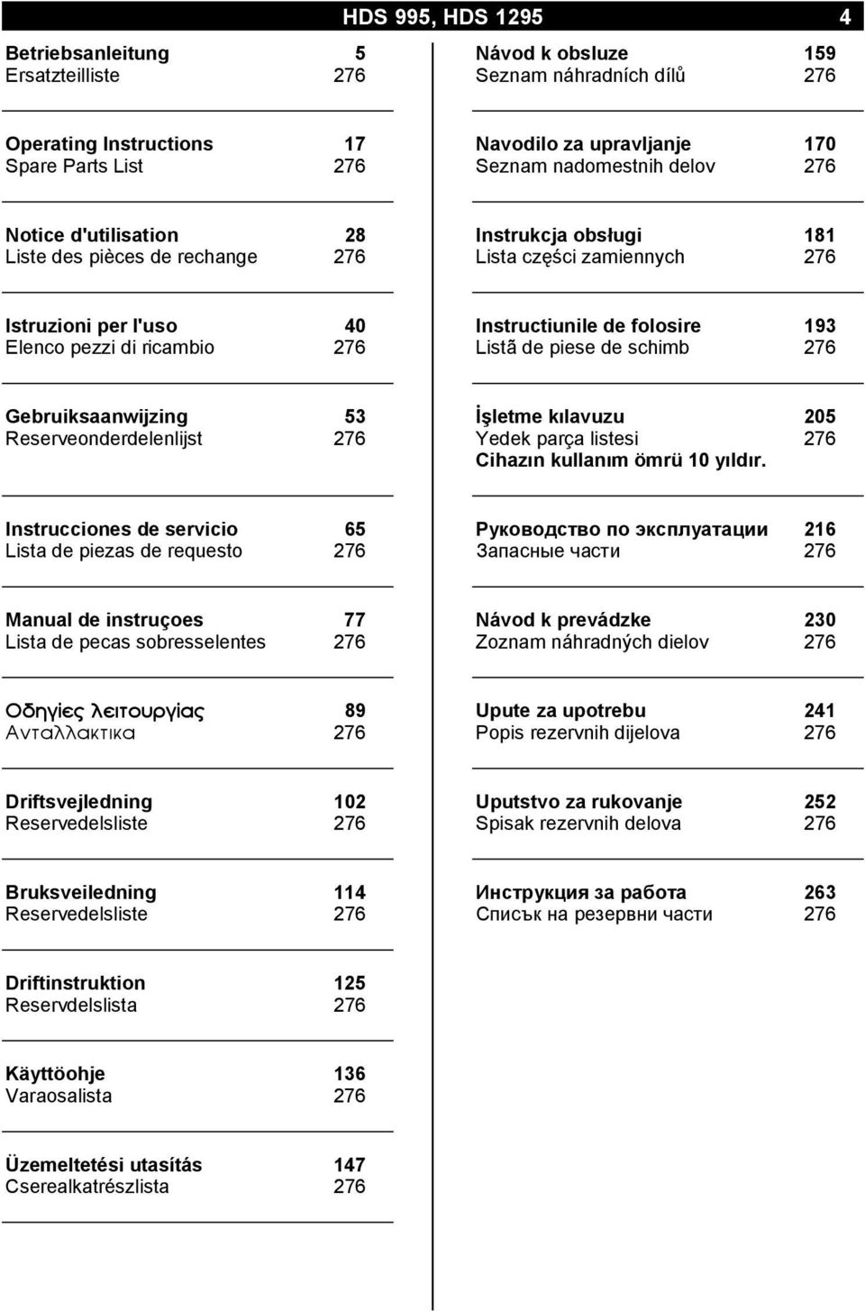 de folosire 193 Listã de piese de schimb 276 Gebruiksaanwijzing 53 Reserveonderdelenlijst 276 İşletme kılavuzu 205 Yedek parça listesi 276 Cihazın kullanım ömrü 10 yıldır.