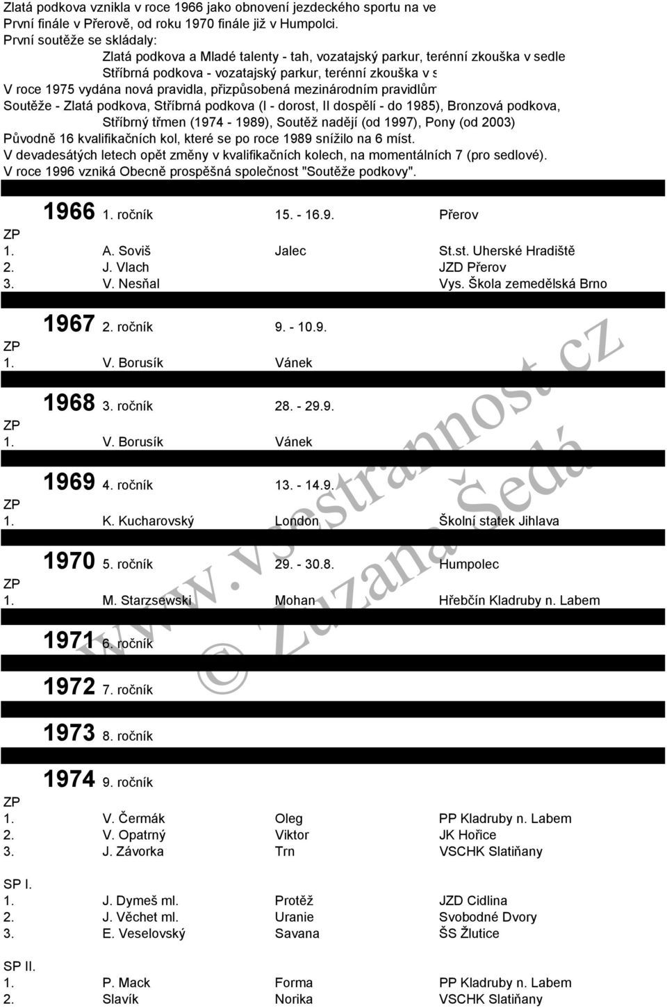 přizpůsobená mezinárodním pravidlům Soutěže - Zlatá podkova, Stříbrná podkova (I - dorost, II dospělí - do 1985), Bronzová podkova, Stříbrný třmen (1974-1989), Soutěž nadějí (od 1997), Pony (od 2003)