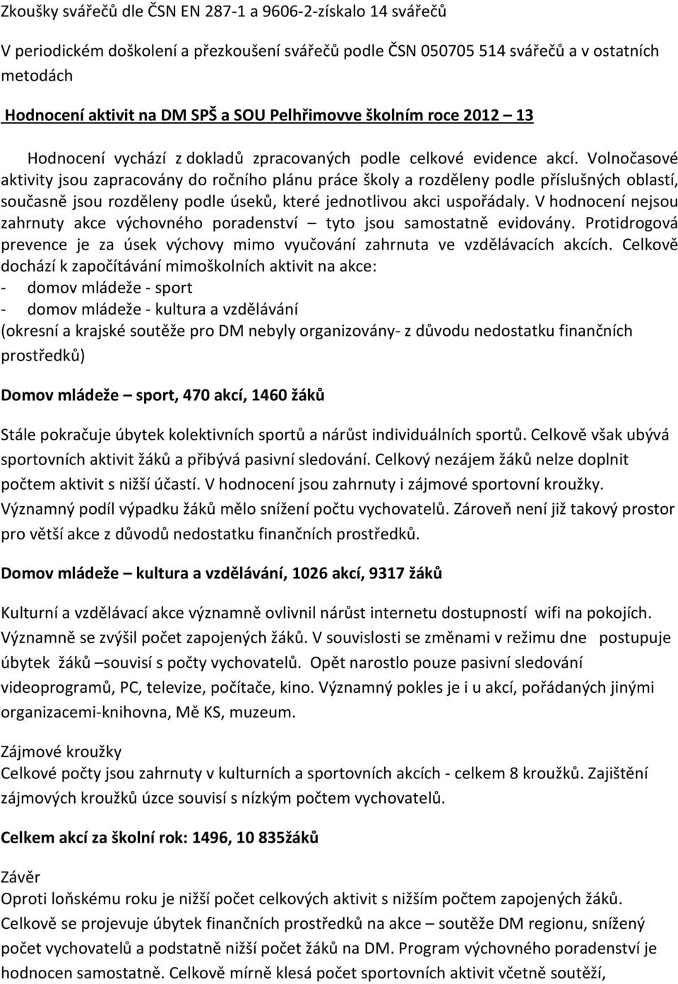 Volnočasové aktivity jsou zapracovány do ročního plánu práce školy a rozděleny podle příslušných oblastí, současně jsou rozděleny podle úseků, které jednotlivou akci uspořádaly.