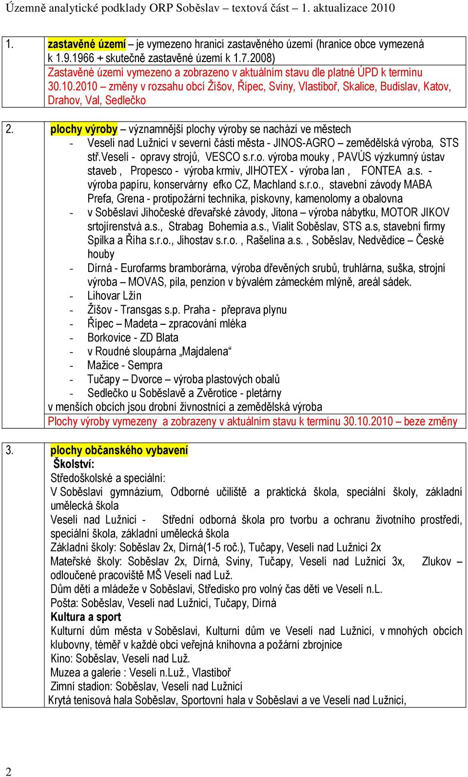 2010 změny v rozsahu obcí Žíšov, Řípec, Sviny, Vlastiboř, Skalice, Budislav, Katov, Drahov, Val, Sedlečko plochy výroby významnější plochy výroby se nachází ve městech - Veselí nad Lužnicí v severní