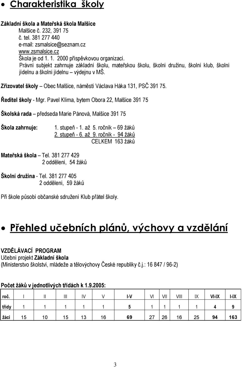 Ředitel školy - Mgr. Pavel Klíma, bytem Obora 22, Malšice 391 75 Školská rada předseda Marie Pánová, Malšice 391 75 Škola zahrnuje: 1. stupeň - 1. až 5. ročník 69 žáků 2. stupeň - 6. až 9.