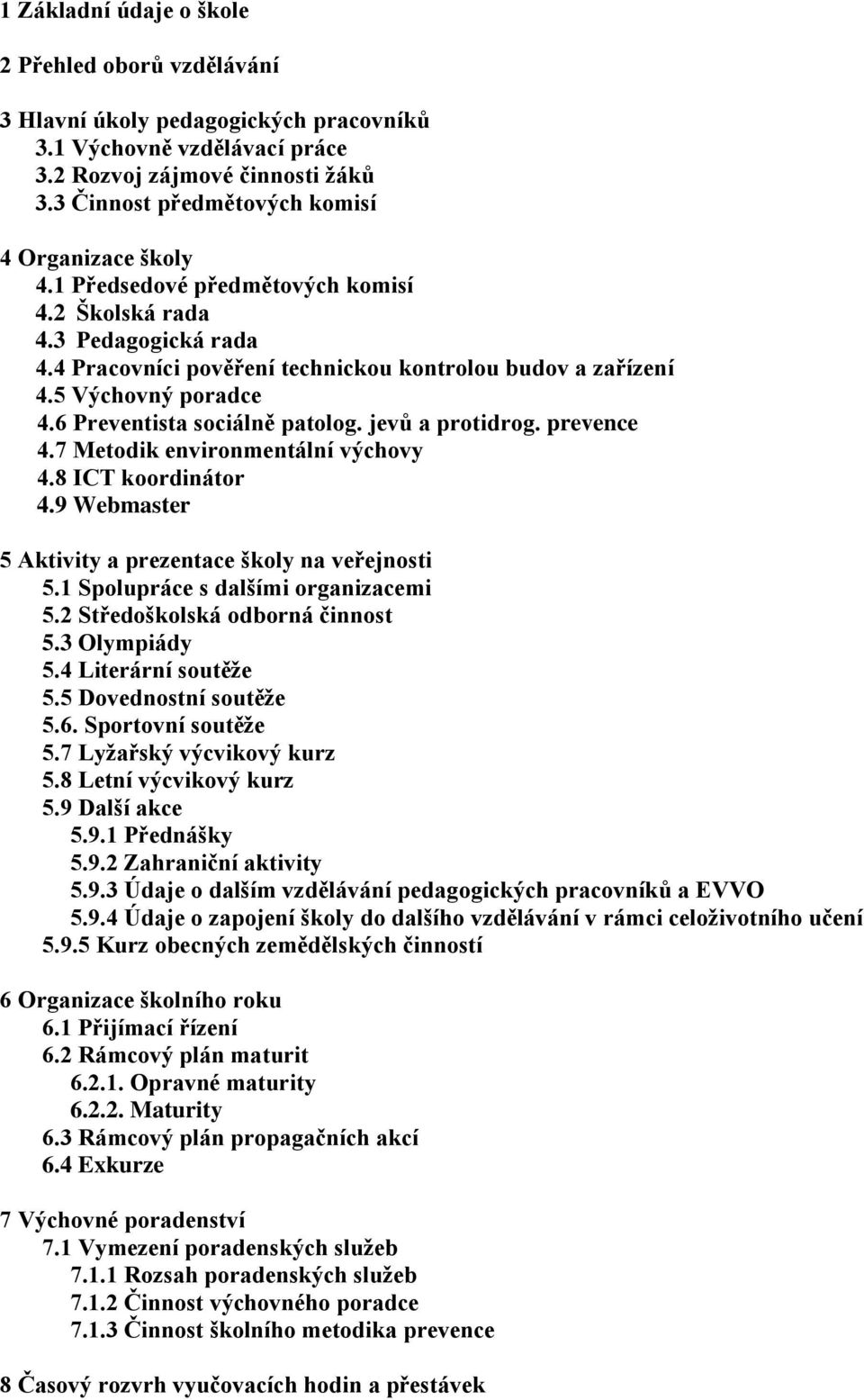 5 Výchovný poradce 4.6 Preventista sociálně patolog. jevů a protidrog. prevence 4.7 Metodik environmentální výchovy 4.8 ICT koordinátor 4.9 Webmaster 5 Aktivity a prezentace školy na veřejnosti 5.