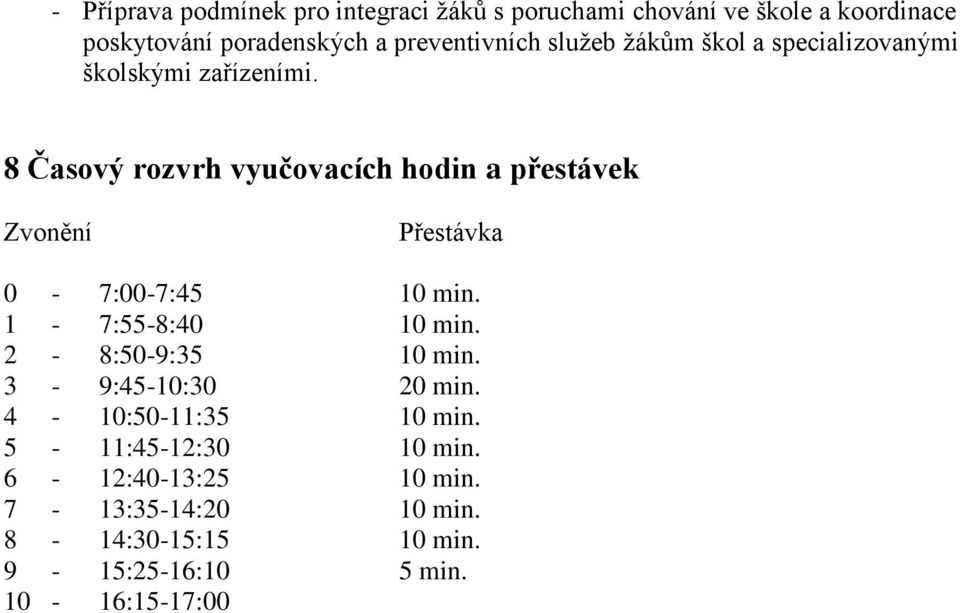 8 Časový rozvrh vyučovacích hodin a přestávek Zvonění Přestávka 0-7:00-7:45 10 min. 1-7:55-8:40 10 min.