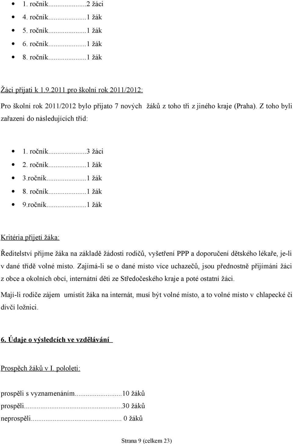 ročník... žák 9.ročník... žák Kritéria přijetí žáka: Ředitelství přijme žáka na základě žádosti rodičů, vyšetření PPP a doporučení dětského lékaře, je-li v dané třídě volné místo.