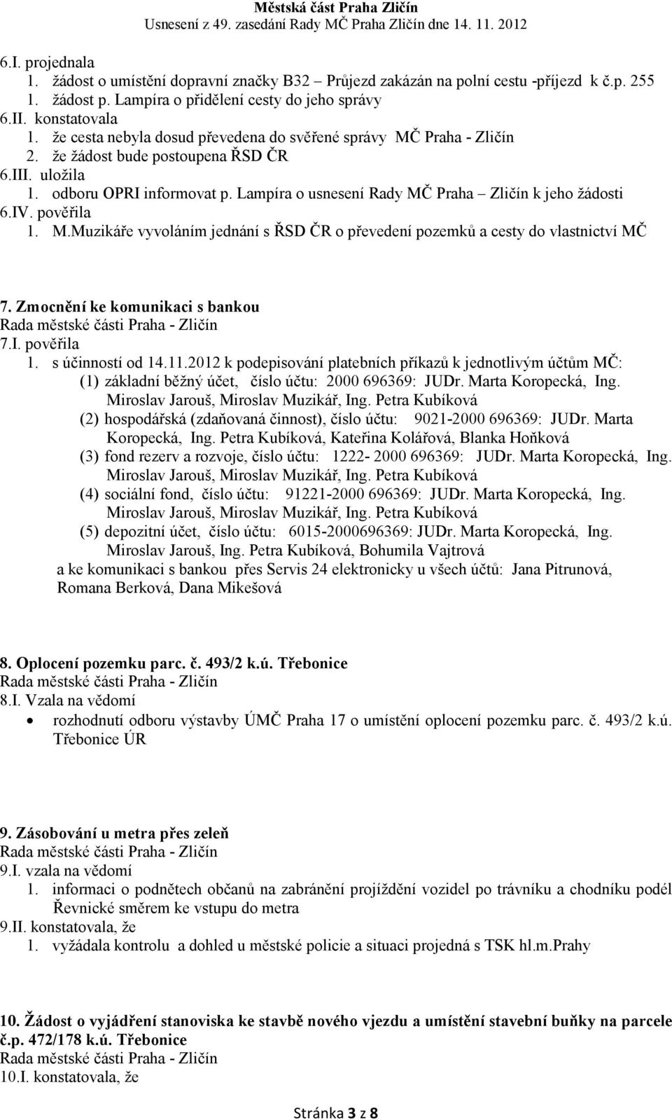 Lampíra o usnesení Rady MČ Praha Zličín k jeho žádosti 6.IV. pověřila 1. M.Muzikáře vyvoláním jednání s ŘSD ČR o převedení pozemků a cesty do vlastnictví MČ 7. Zmocnění ke komunikaci s bankou 7.I. pověřila 1. s účinností od 14.