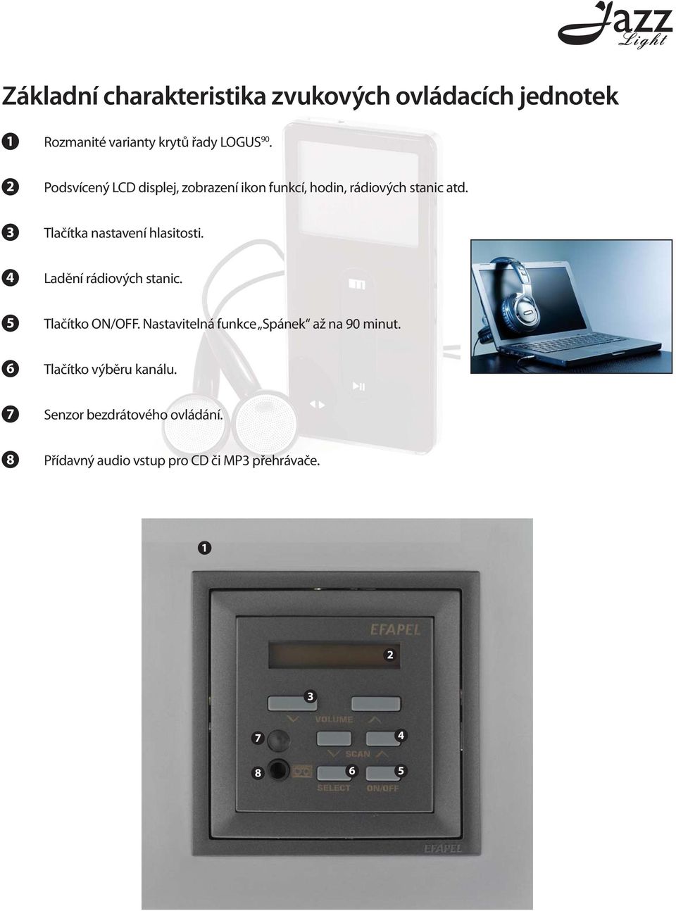 3 Tlačítka nastavení hlasitosti. 4 Ladění rádiových stanic. 5 Tlačítko ON/OFF.