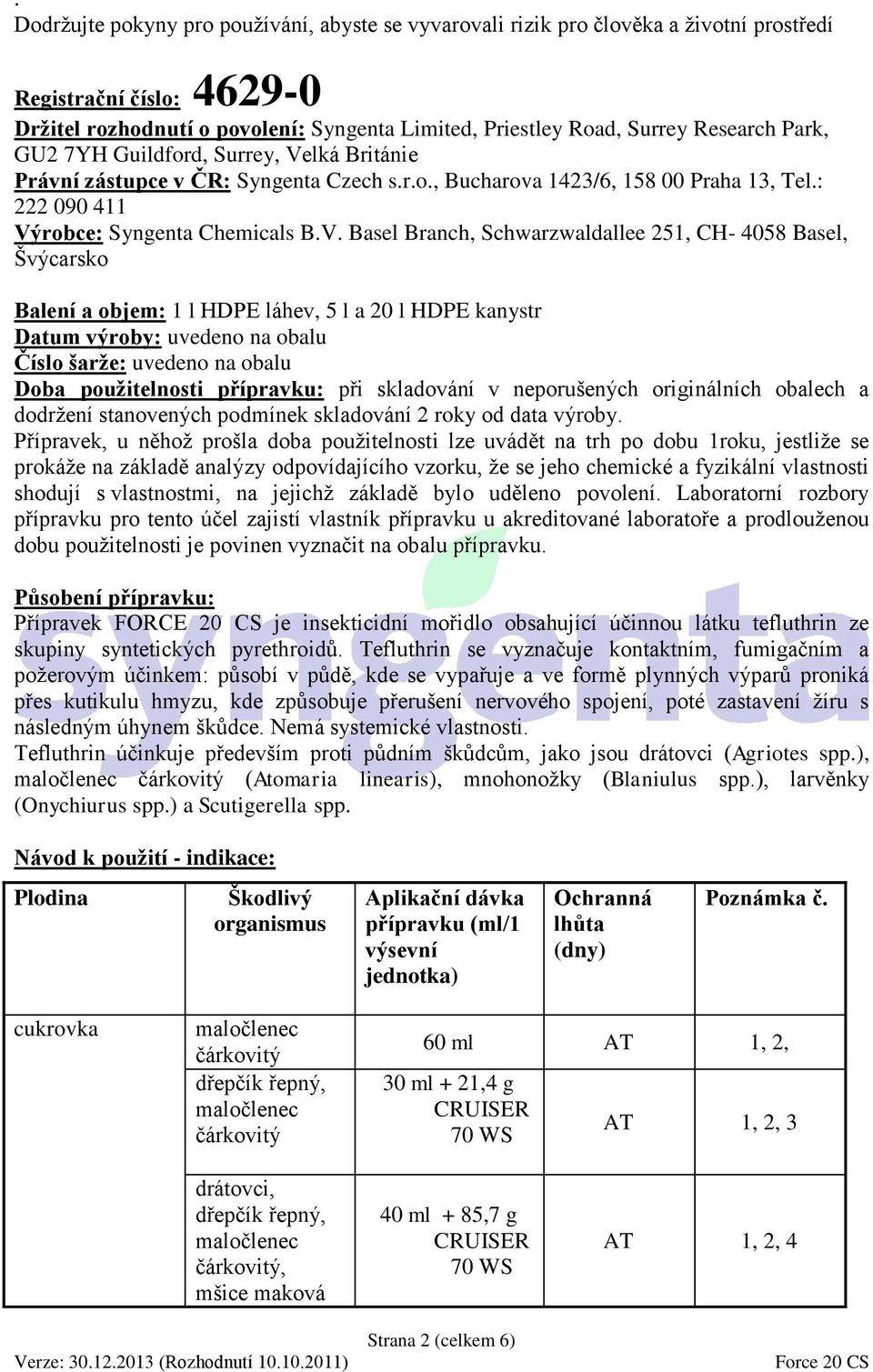 lká Británie Právní zástupce v ČR: Syngenta Czech s.r.o., Bucharova 1423/6, 158 00 Praha 13, Tel.: 222 090 411 Vý