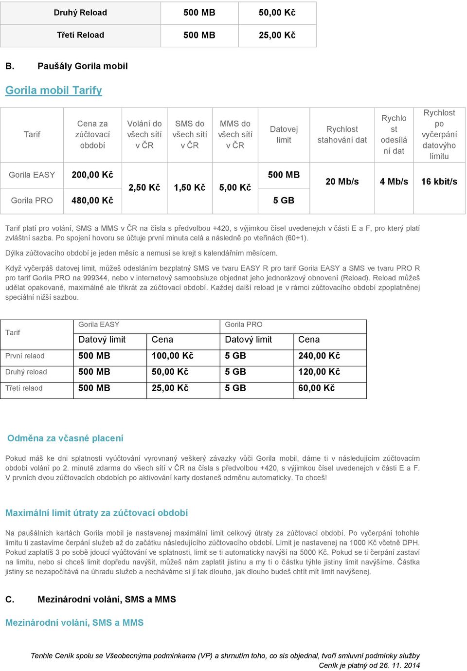 vyčerpání datovýho limitu Gorila EASY 200,00 Kč 500 MB 1,50 Kč 5,00 Kč Gorila PRO 480,00 Kč 5 GB 20 Mb/s 4 Mb/s 16 kbit/s Tarif platí pro volání, SMS a MMS v ČR na čísla s předvolbou +420, s výjimkou