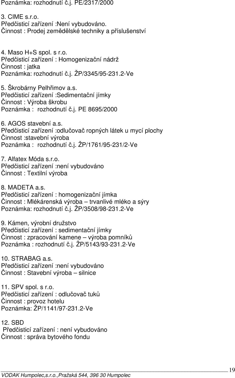 j. ŽP/1761/95-231/2-Ve 7. Alfatex Móda s.r.o. Činnost : Textilní výroba 8. MADETA a.s. Předčisticí zařízení : homogenizační jímka Činnost : Mlékárenská výroba trvanlivé mléko a sýry Poznámka: rozhodnutí č.