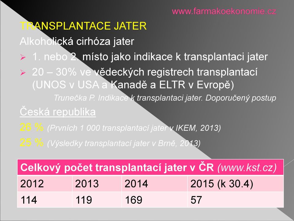 v Evropě) Trunečka P. Indikace k transplantaci jater.