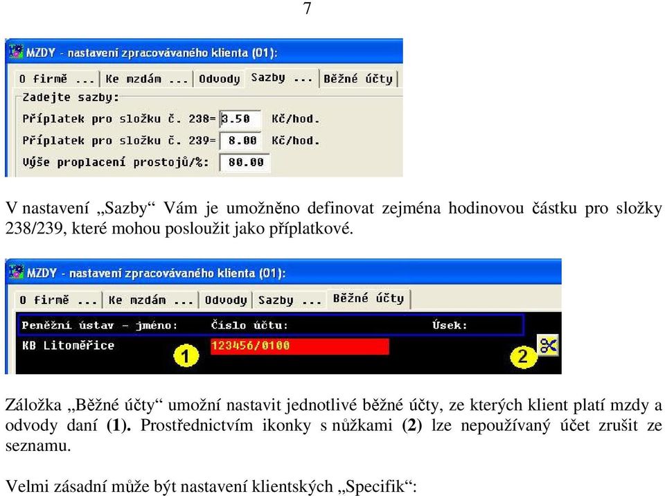 Záložka Běžné účty umožní nastavit jednotlivé běžné účty, ze kterých klient platí mzdy a