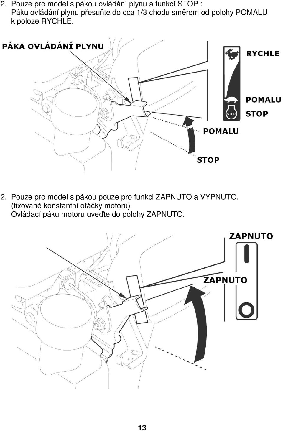 2. Pouze pro model s pákou pouze pro funkci ZAPNUTO a VYPNUTO.