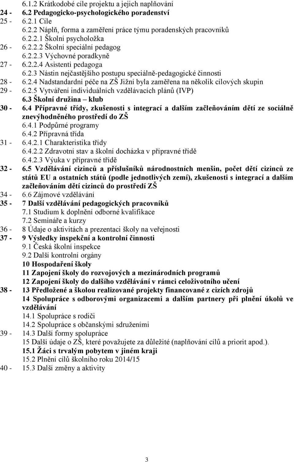 2.5 Vytváření individuálních vzdělávacích plánů (IVP) 6.3 Školní družina klub 30-6.4 Přípravné třídy, zkušenosti s integrací a dalším začleňováním dětí ze sociálně znevýhodněného prostředí do ZŠ 6.4.1 Podpůrné programy 6.