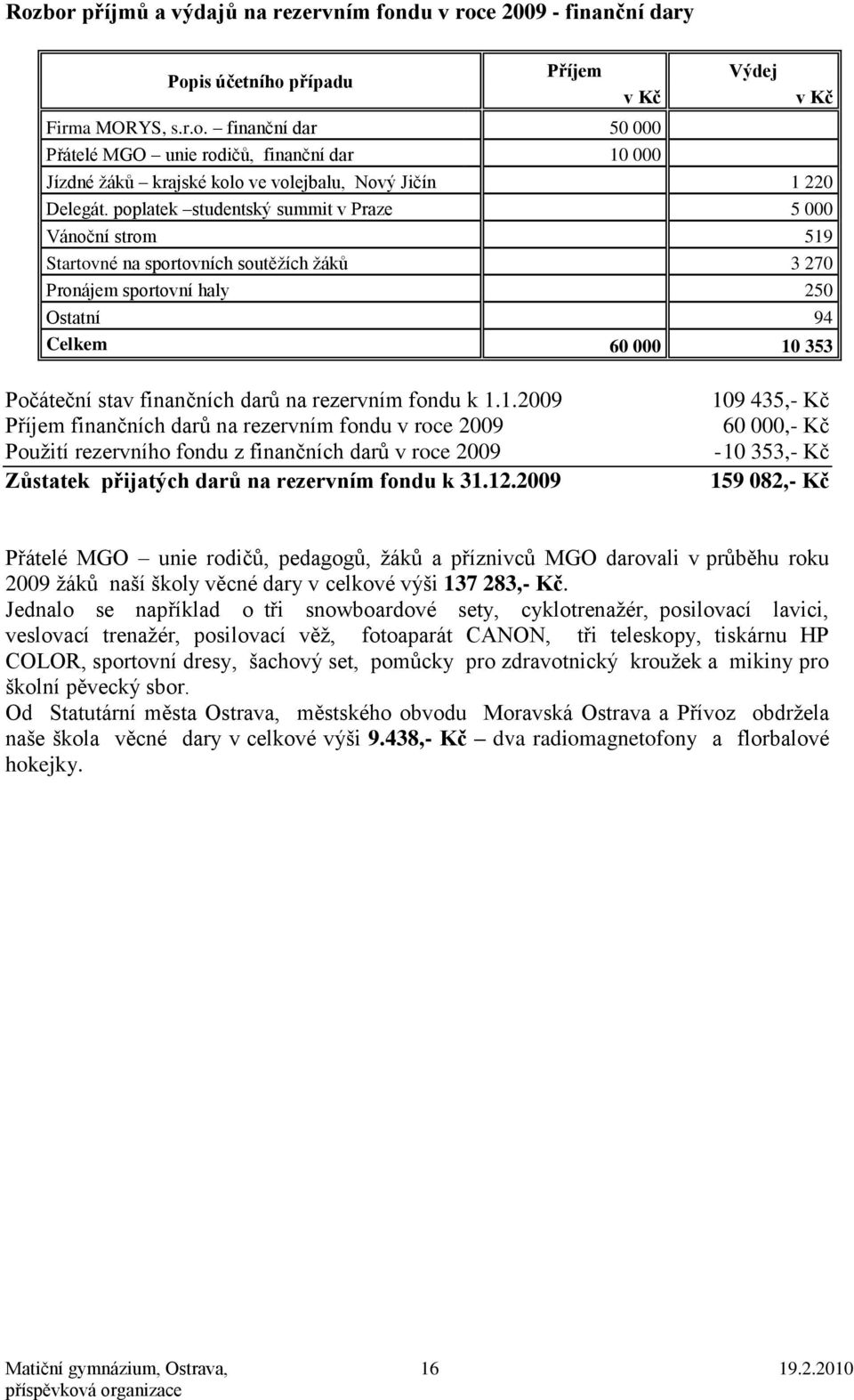 darů na rezervním fondu k 1.1.2009 Příjem finančních darů na rezervním fondu v roce 2009 Pouţití rezervního fondu z finančních darů v roce 2009 Zůstatek přijatých darů na rezervním fondu k 31.12.