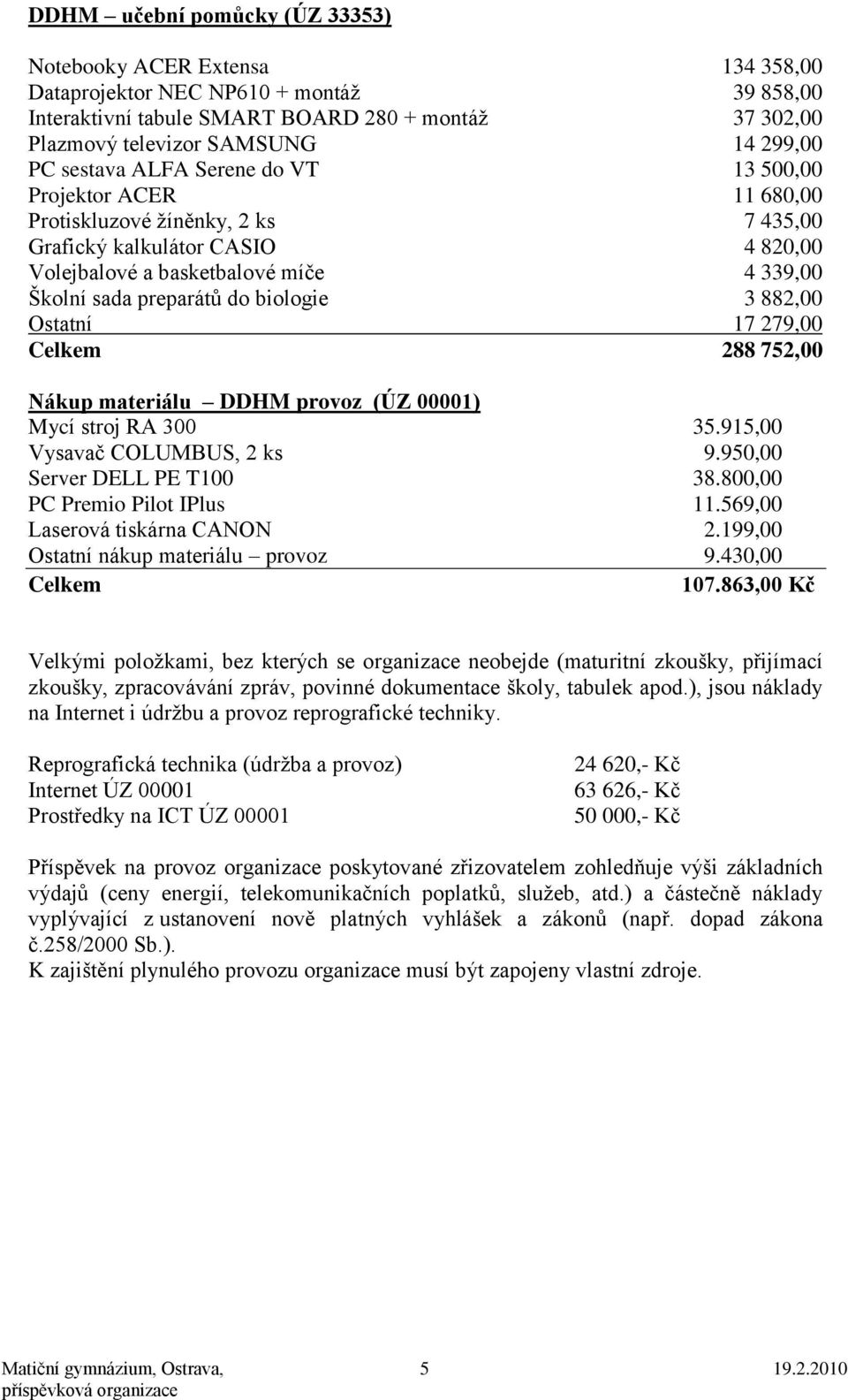 do biologie 3 882,00 Ostatní 17 279,00 Celkem 288 752,00 Nákup materiálu DDHM provoz (ÚZ 00001) Mycí stroj RA 300 35.915,00 Vysavač COLUMBUS, 2 ks 9.950,00 Server DELL PE T100 38.