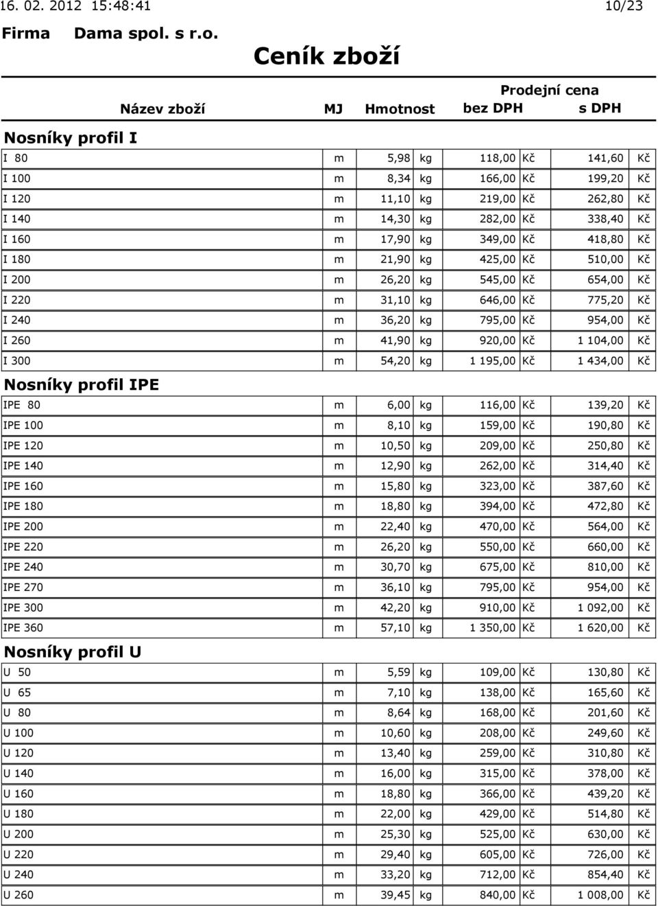 300 m 54,20 kg 1 195,00 Kč 1 434,00 Kč Nosníky profil IPE IPE 80 m 6,00 kg 116,00 Kč 139,20 Kč IPE 100 m 8,10 kg 159,00 Kč 190,80 Kč IPE 120 m 10,50 kg 209,00 Kč 250,80 Kč IPE 140 m 12,90 kg 262,00