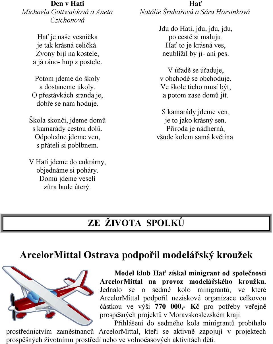 Hať Natálie Šrubařová a Sára Horsinková Jdu do Hati, jdu, jdu, jdu, po cestě si maluju. Hať to je krásná ves, neublížil by ji- ani pes. V úřadě se úřaduje, v obchodě se obchoduje.