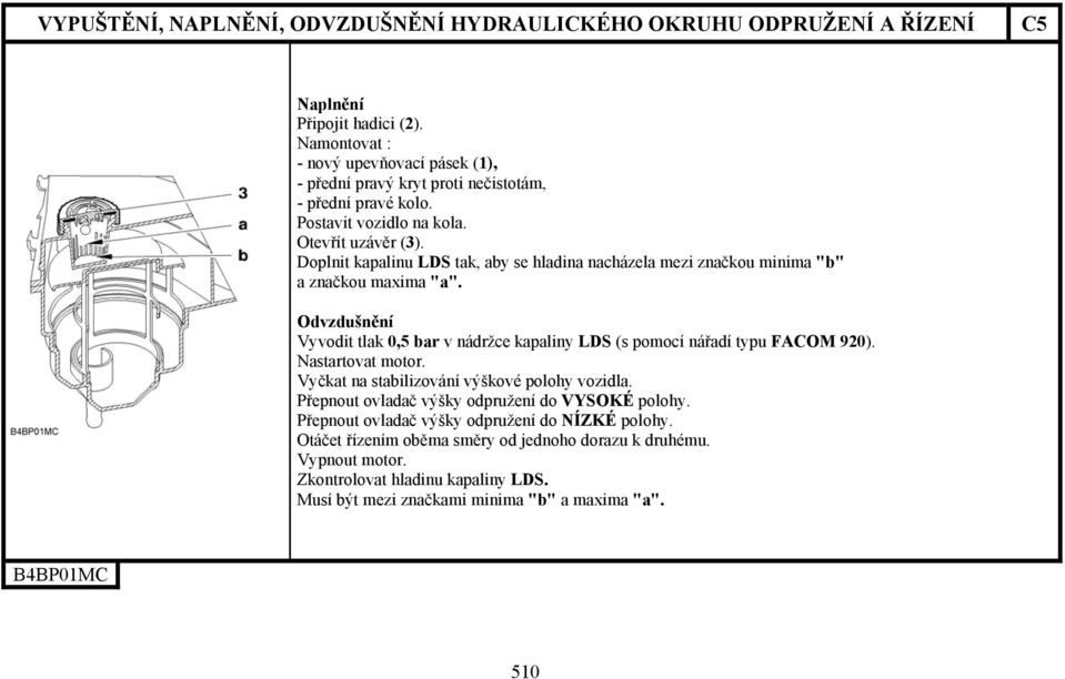 Odvzdušnění Vyvodit tlak 0,5 bar v nádržce kapaliny LDS (s pomocí nářadí typu FACOM 920). Nastartovat motor. Vyčkat na stabilizování výškové polohy vozidla.