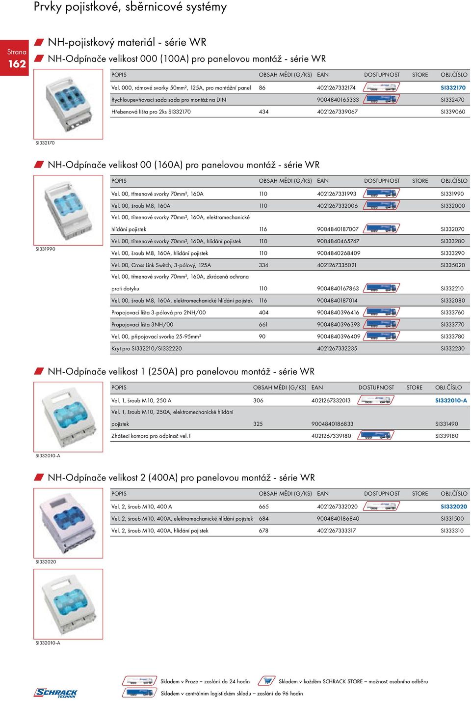 SI339060 SI332170 w NH-Odpínače velikost 00 (160A) pro panelovou montáž - série WR Vel. 00, třmenové svorky 70mm², 160A 110 4021267331993 SI331990 Vel.