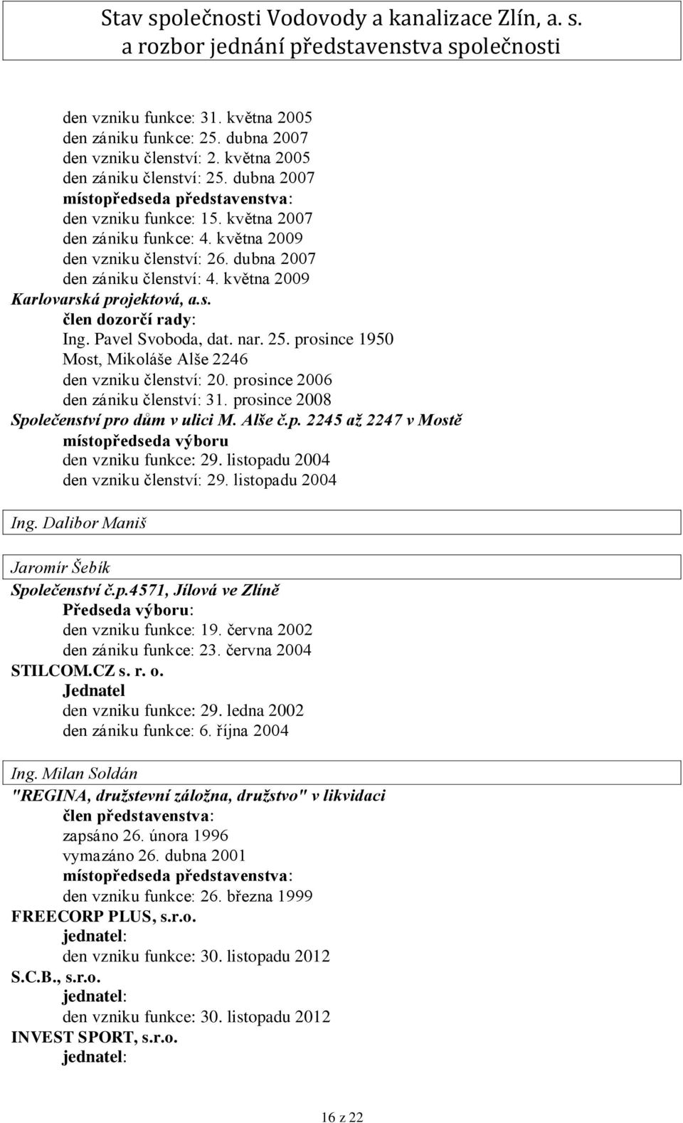 prosince 1950 Most, Mikoláše Alše 2246 den vzniku členství: 20. prosince 2006 den zániku členství: 31. prosince 2008 Společenství pro dům v ulici M. Alše č.p. 2245 až 2247 v Mostě místopředseda výboru den vzniku funkce: 29.