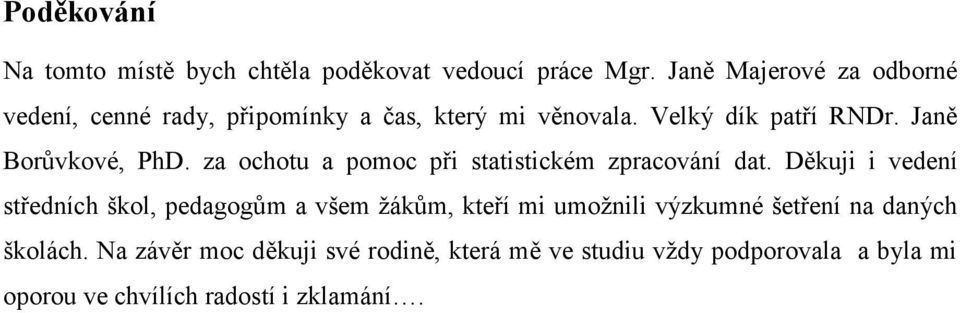 Janě Borůvkové, PhD. za ochotu a pomoc při statistickém zpracování dat.