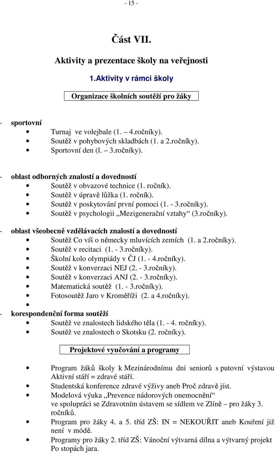 - 3.ročníky). Soutěž v psychologii Mezigenerační vztahy (3.ročníky). - oblast všeobecně vzdělávacích znalostí a dovedností Soutěž Co víš o německy mluvících zemích (1. a 2.ročníky). Soutěž v recitaci (1.