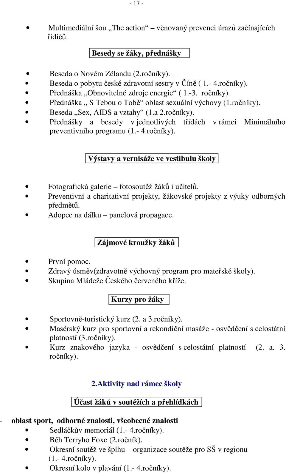 - 4.ročníky). Výstavy a vernisáže ve vestibulu školy Fotografická galerie fotosoutěž žáků i učitelů. Preventivní a charitativní projekty, žákovské projekty z výuky odborných předmětů.