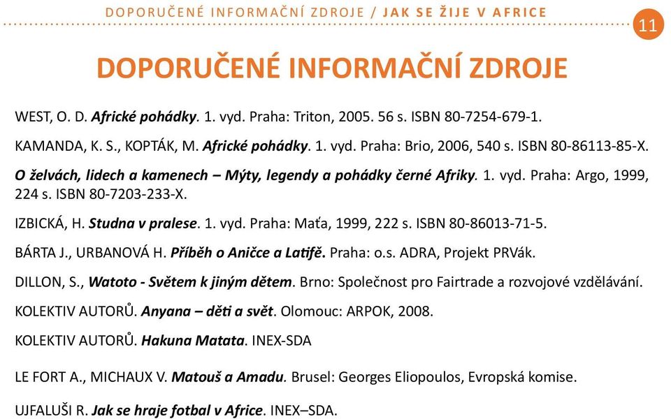 IZBICKÁ, H. Studna v pralese. 1. vyd. Praha: Maťa, 1999, 222 s. ISBN 80-86013-71-5. BÁRTA J., URBANOVÁ H. Příběh o Aničce a Latifě. Praha: o.s. ADRA, Projekt PRVák. DILLON, S.