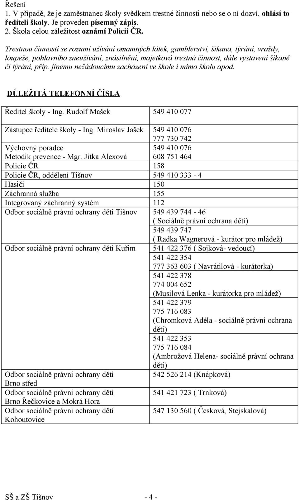 jinému nežádoucímu zacházení ve škole i mimo školu apod. DŮLEŽITÁ TELEFONNÍ ČÍSLA Ředitel školy - Ing. Rudolf Mašek 549 410 077 Zástupce ředitele školy - Ing.