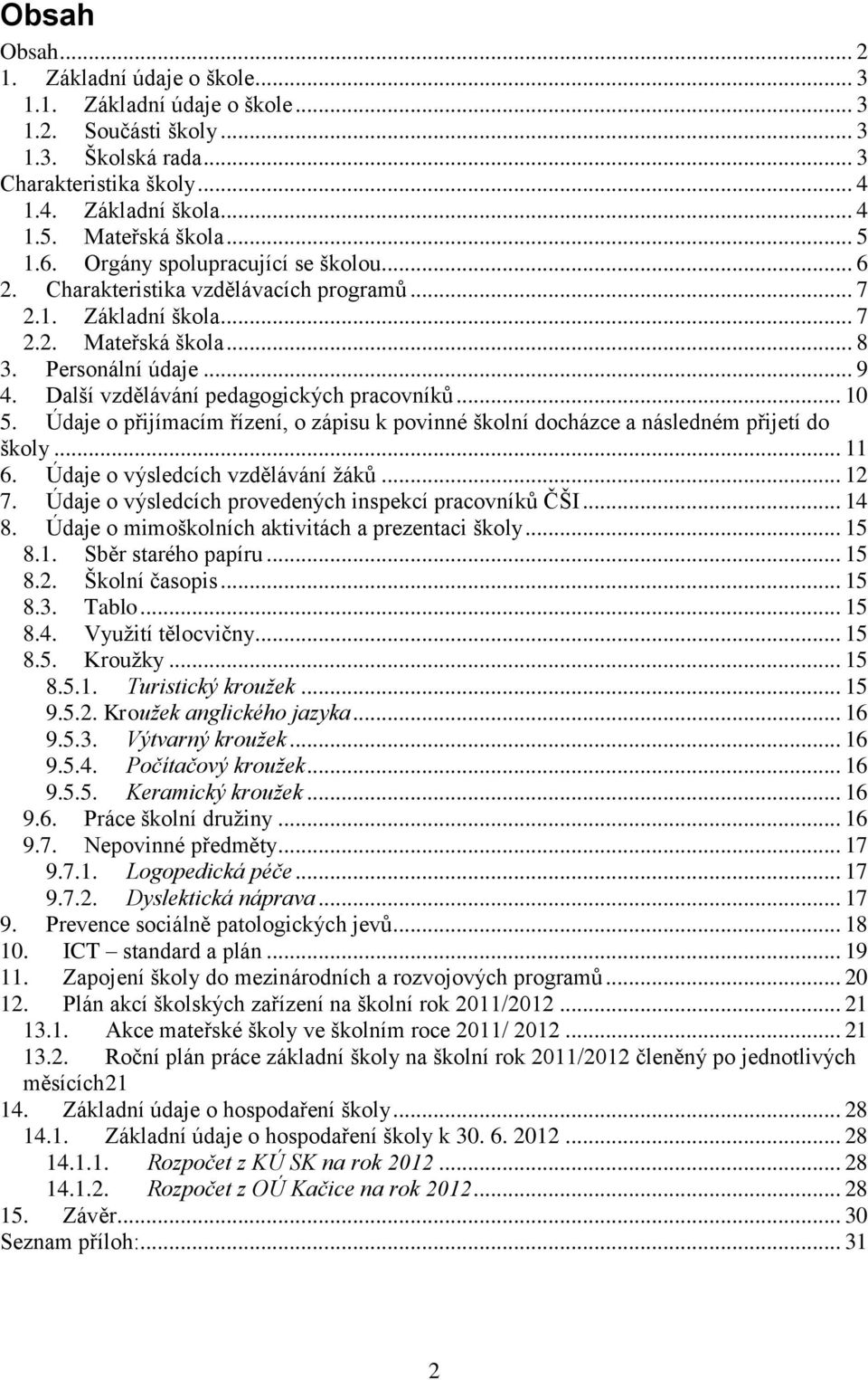 Další vzdělávání pedagogických pracovníků... 10 5. Údaje o přijímacím řízení, o zápisu k povinné školní docházce a následném přijetí do školy... 11 6. Údaje o výsledcích vzdělávání žáků... 12 7.