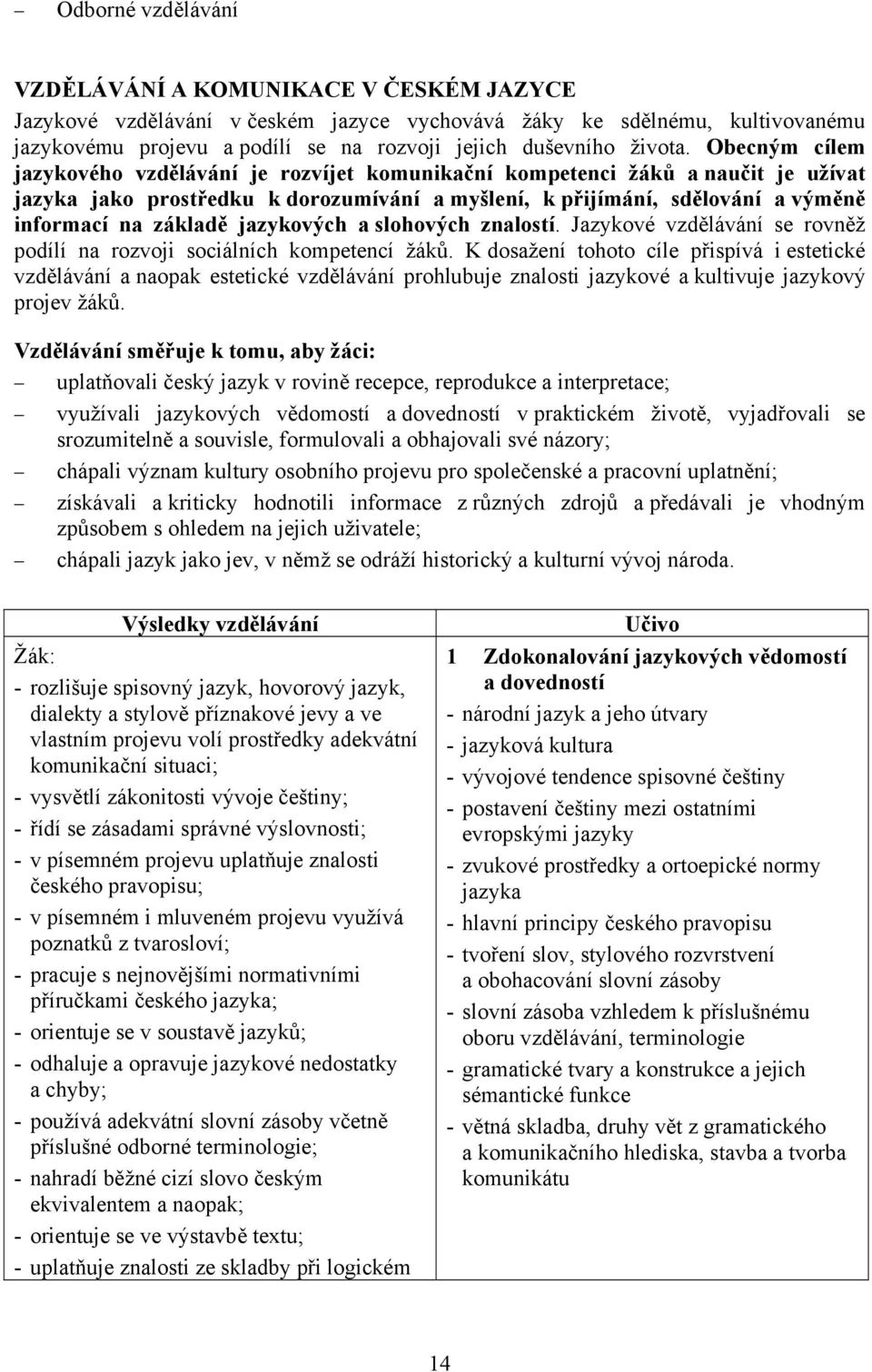 Obecným cílem jazykového vzdělávání je rozvíjet komunikační kompetenci žáků a naučit je užívat jazyka jako prostředku k dorozumívání a myšlení, k přijímání, sdělování a výměně informací na základě