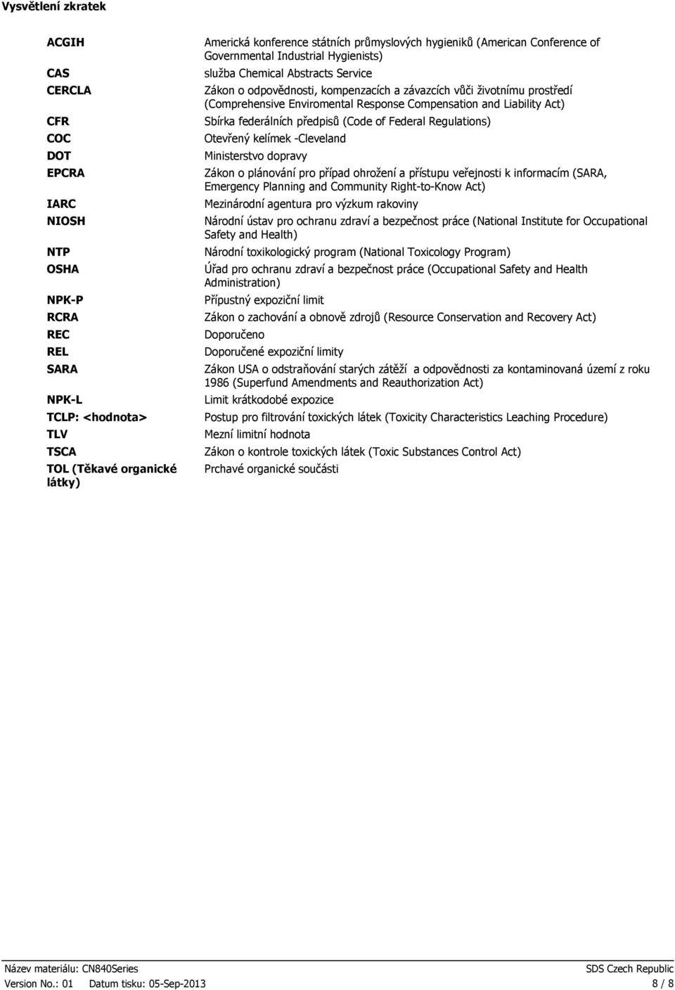 Enviromental Response Compensation and Liability Act) Sbírka federálních předpisů (Code of Federal Regulations) Otevřený kelímek Cleveland Ministerstvo dopravy Zákon o plánování pro případ ohrožení a