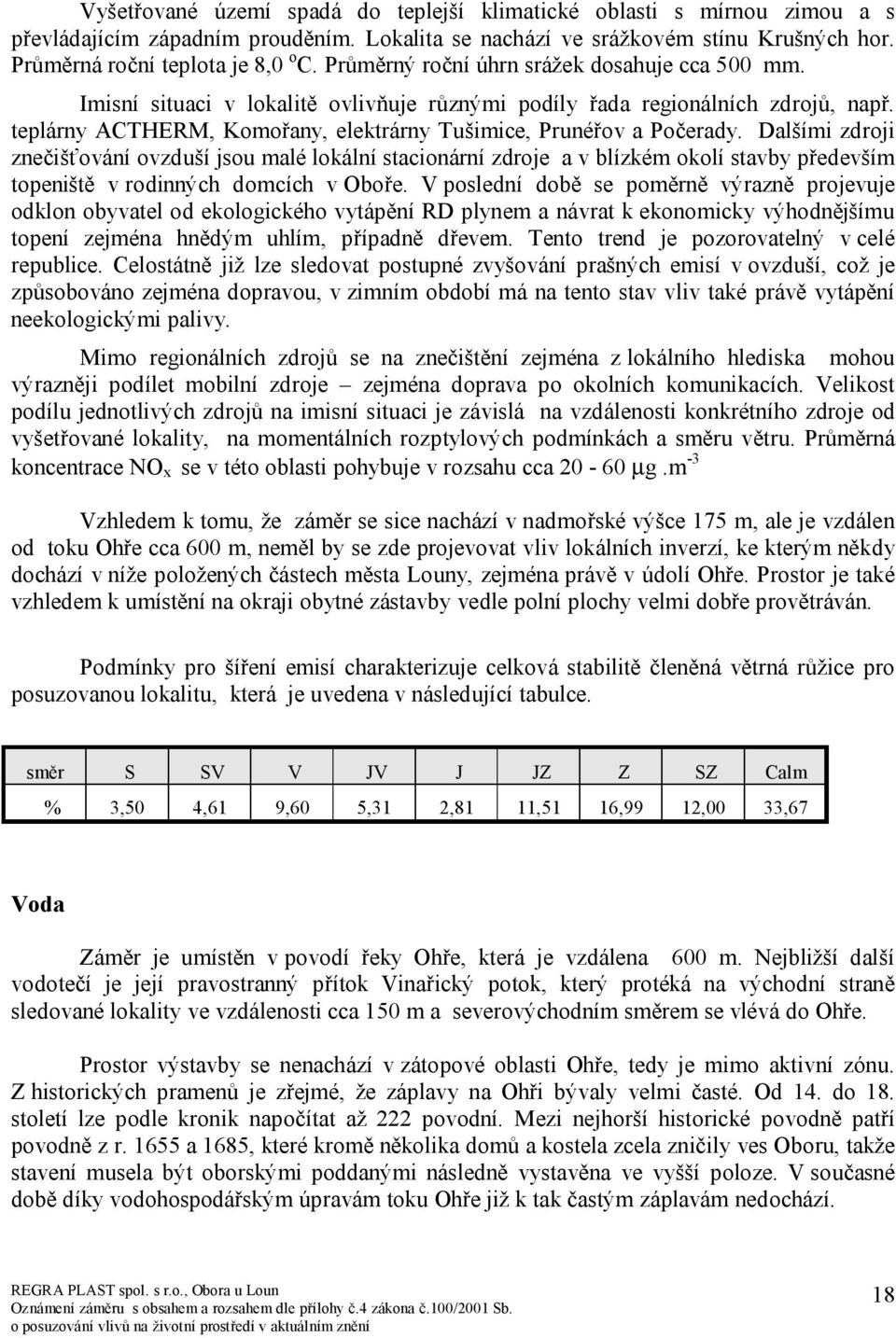 Dalšími zdroji znečišťování ovzduší jsou malé lokální stacionární zdroje a v blízkém okolí stavby především topeniště v rodinných domcích v Oboře.