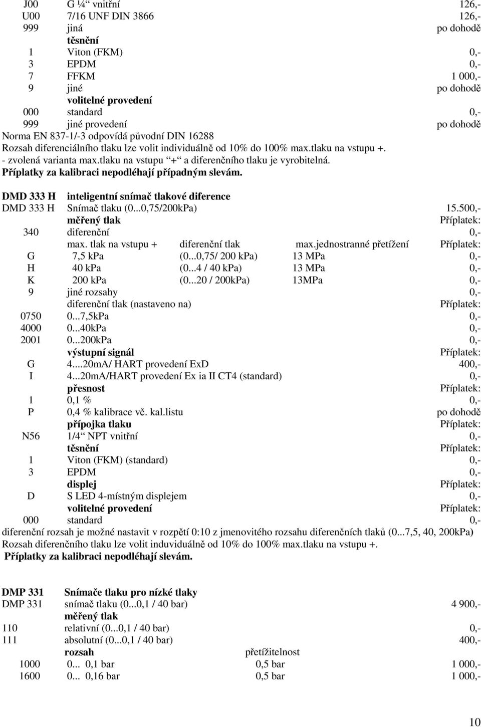 Příplatky za kalibraci nepodléhají případným slevám. DMD 333 H inteligentní snímač tlakové diference DMD 333 H Snímač tlaku (0...0,75/200kPa) 15.500,- 340 diferenční 0,- max.