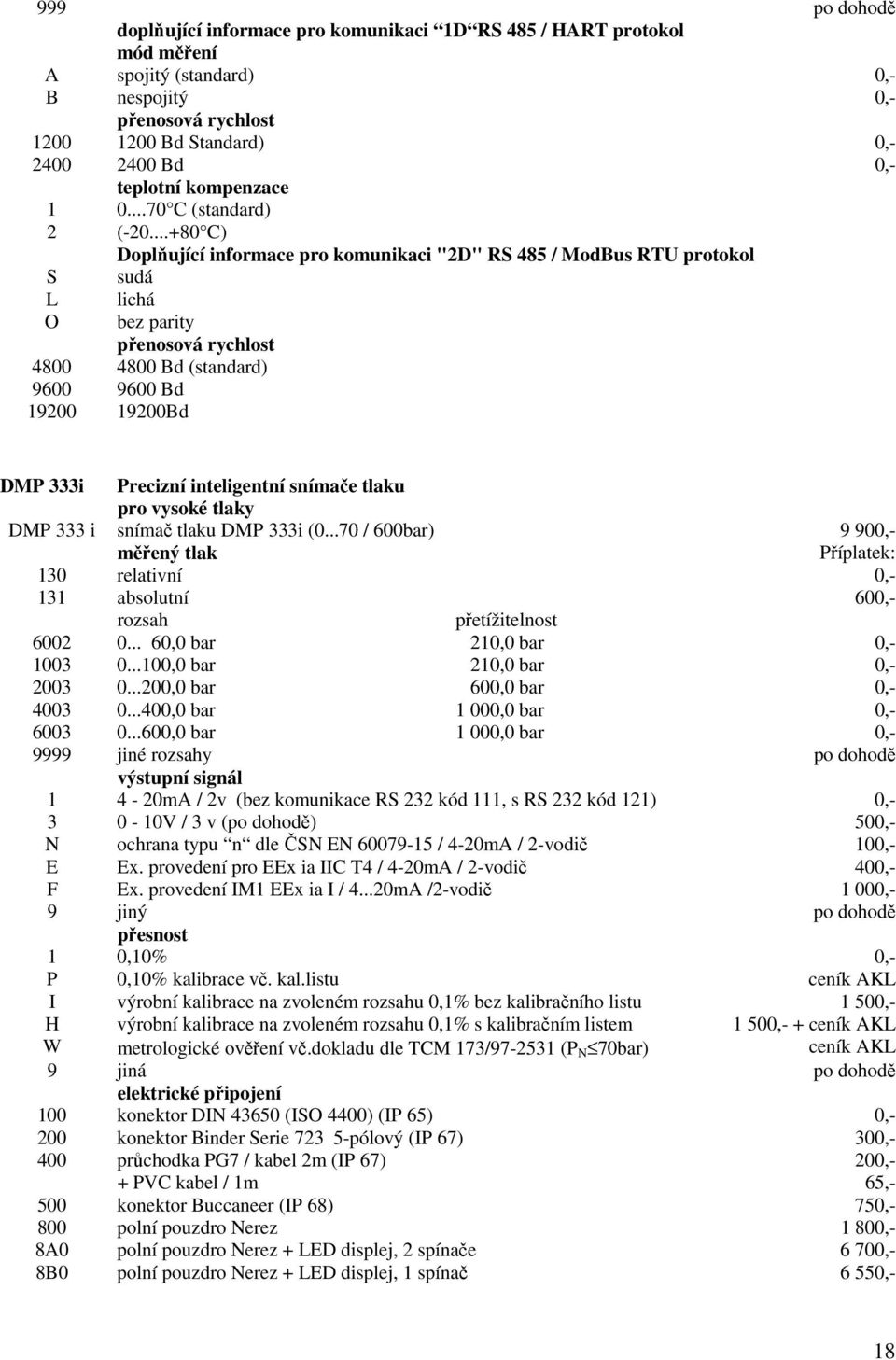 ..+80 C) Doplňující informace pro komunikaci "2D" RS 485 / ModBus RTU protokol S sudá L O lichá bez parity přenosová rychlost 4800 4800 Bd (standard) 9600 9600 Bd 19200 19200Bd DMP 333i Precizní