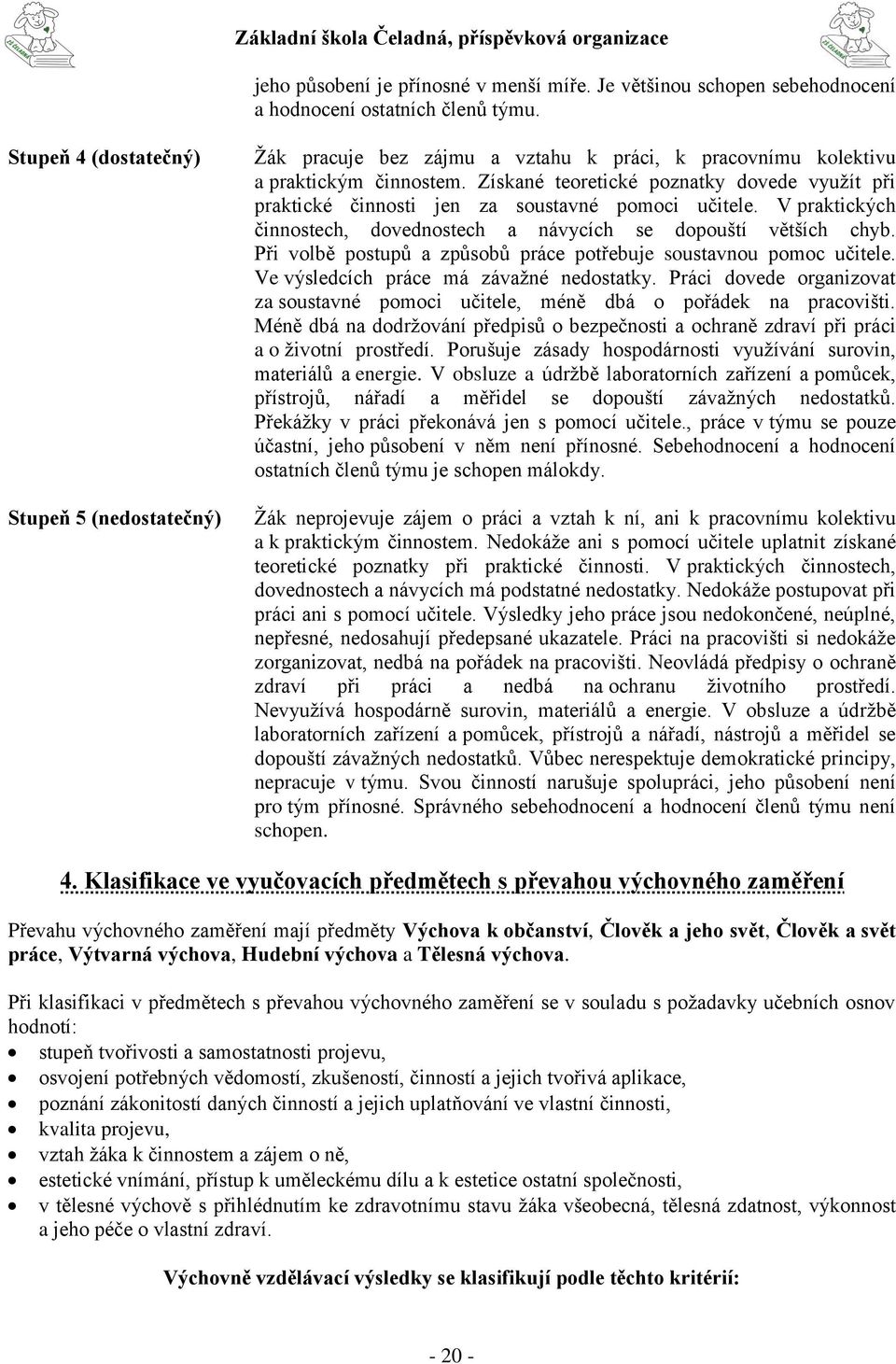 Získané teoretické poznatky dovede využít při praktické činnosti jen za soustavné pomoci učitele. V praktických činnostech, dovednostech a návycích se dopouští větších chyb.