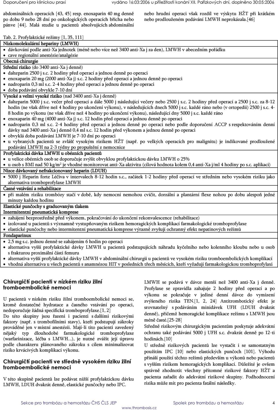Profylaktické režimy [1, 35, 111] Nízkomolekulární hepariny (LMWH) dávkování podle anti-xa jednotek (méně nebo více než 3400 anti-xa j za den), LMWH v abecedním pořádku cave regionální
