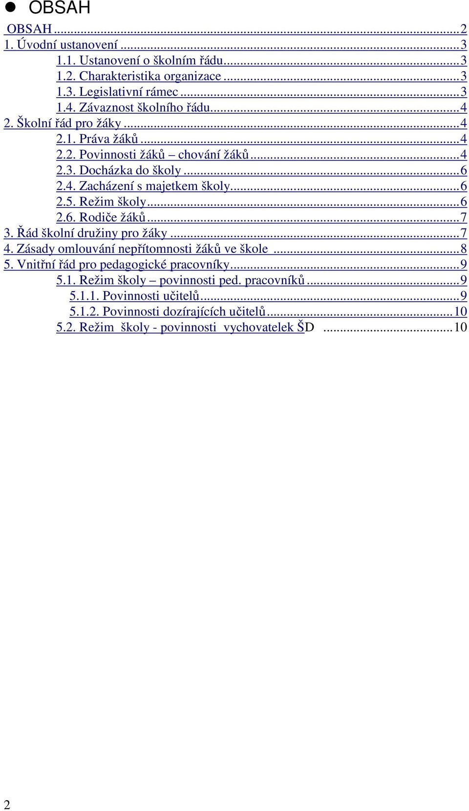 ..6 2.5. Režim školy...6 2.6. Rodiče žáků...7 3. Řád školní družiny pro žáky...7 4. Zásady omlouvání nepřítomnosti žáků ve škole...8 5.