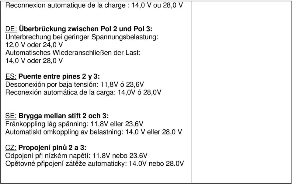 Reconexión automática de la carga: 14,0V ó 28,0V SE: Brygga mellan stift 2 och 3: Frånkoppling låg spänning: 11,8V eller 23,6V Automatiskt omkoppling av