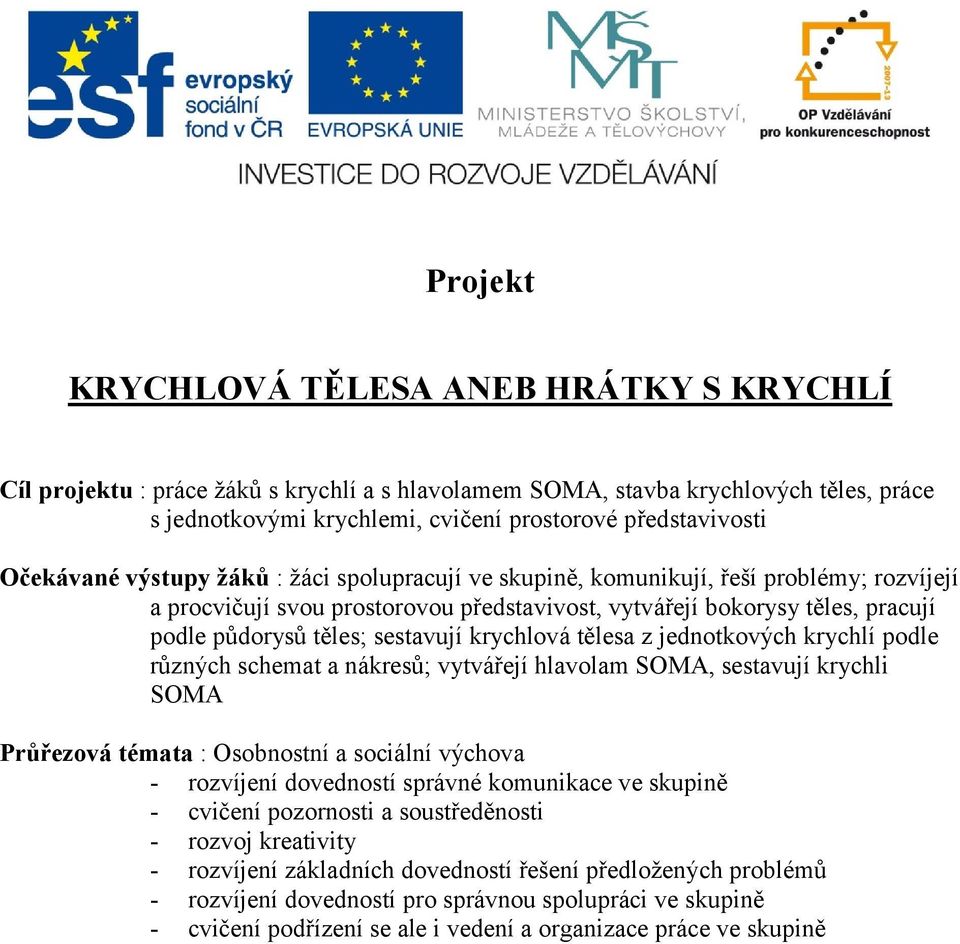 sestavují krychlová tělesa z jednotkových krychlí podle různých schemat a nákresů; vytvářejí hlavolam SOMA, sestavují krychli SOMA Průřezová témata : Osobnostní a sociální výchova - rozvíjení