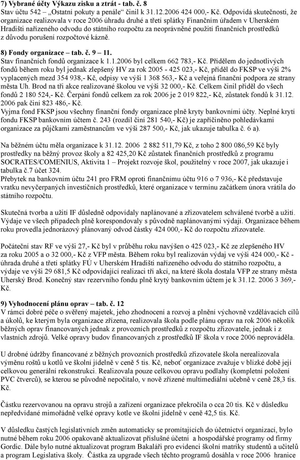 prostředků z důvodu porušení rozpočtové kázně. 8) Fondy organizace tab. č. 9 11. Stav finančních fondů organizace k 1.1.2006 byl celkem 662 783,- Kč.