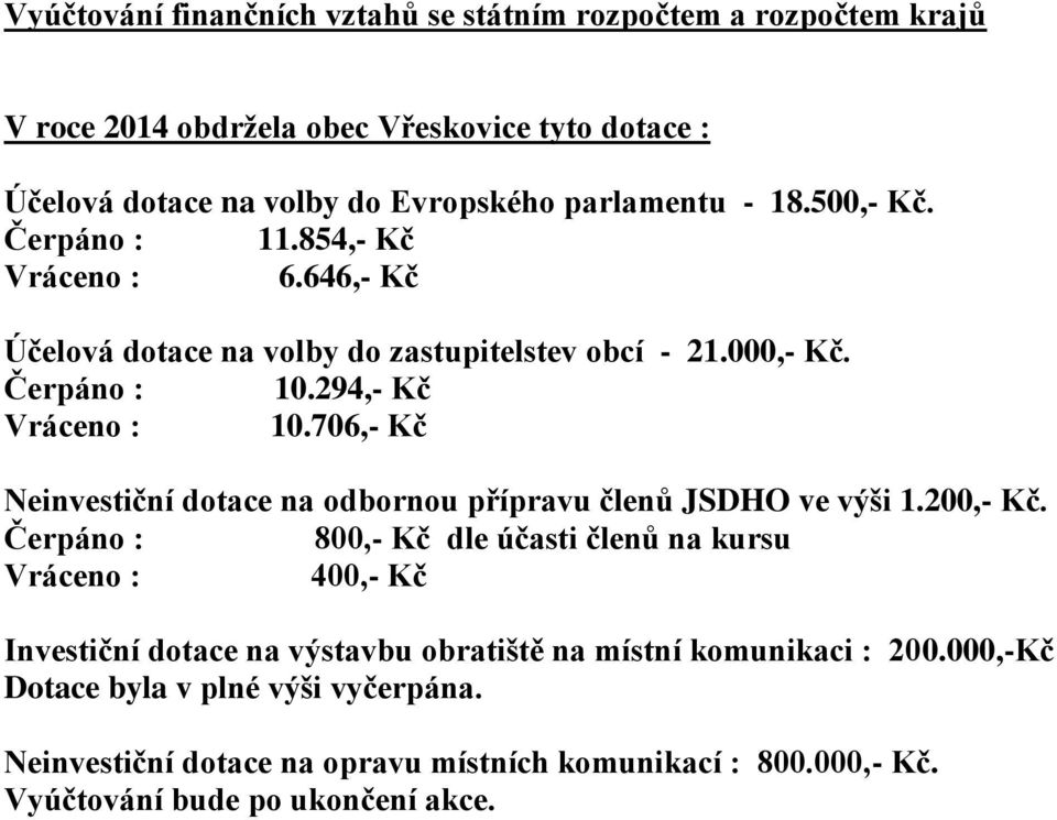 706,- Kč Neinvestiční dotace na odbornou přípravu členů JSDHO ve výši 1.200,- Kč.