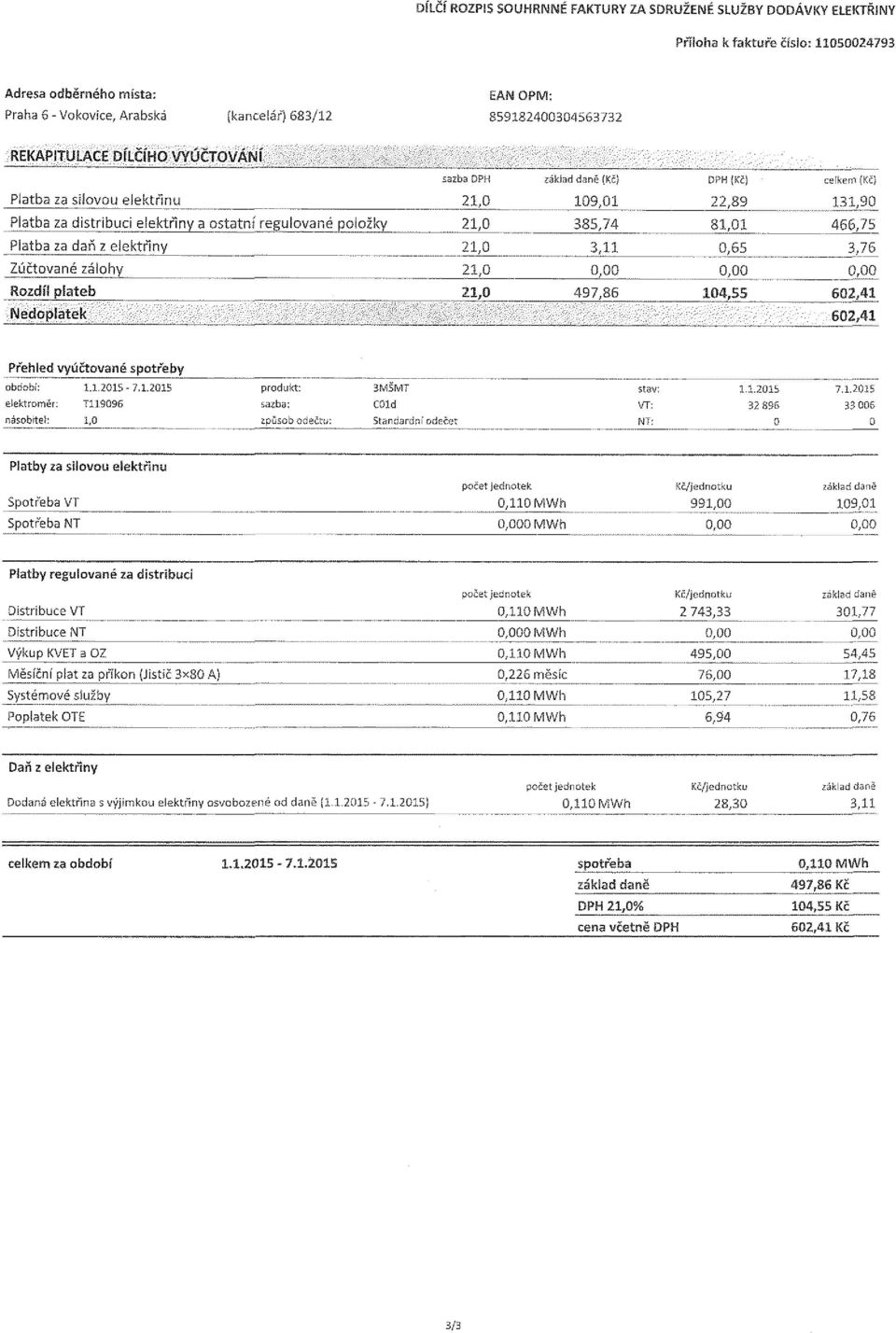 ; 1,0 způsob odečtu; Standardní odečet stav; VT: NT: 1.1.2015 32 896 0 7.1.2015 33 005 0 Platby za silovou elektřinu Spotřeba VT Spotřeba NT 0,110 fvlwh 0 MWh Kč/jednotku 991,00 základ dané Platby