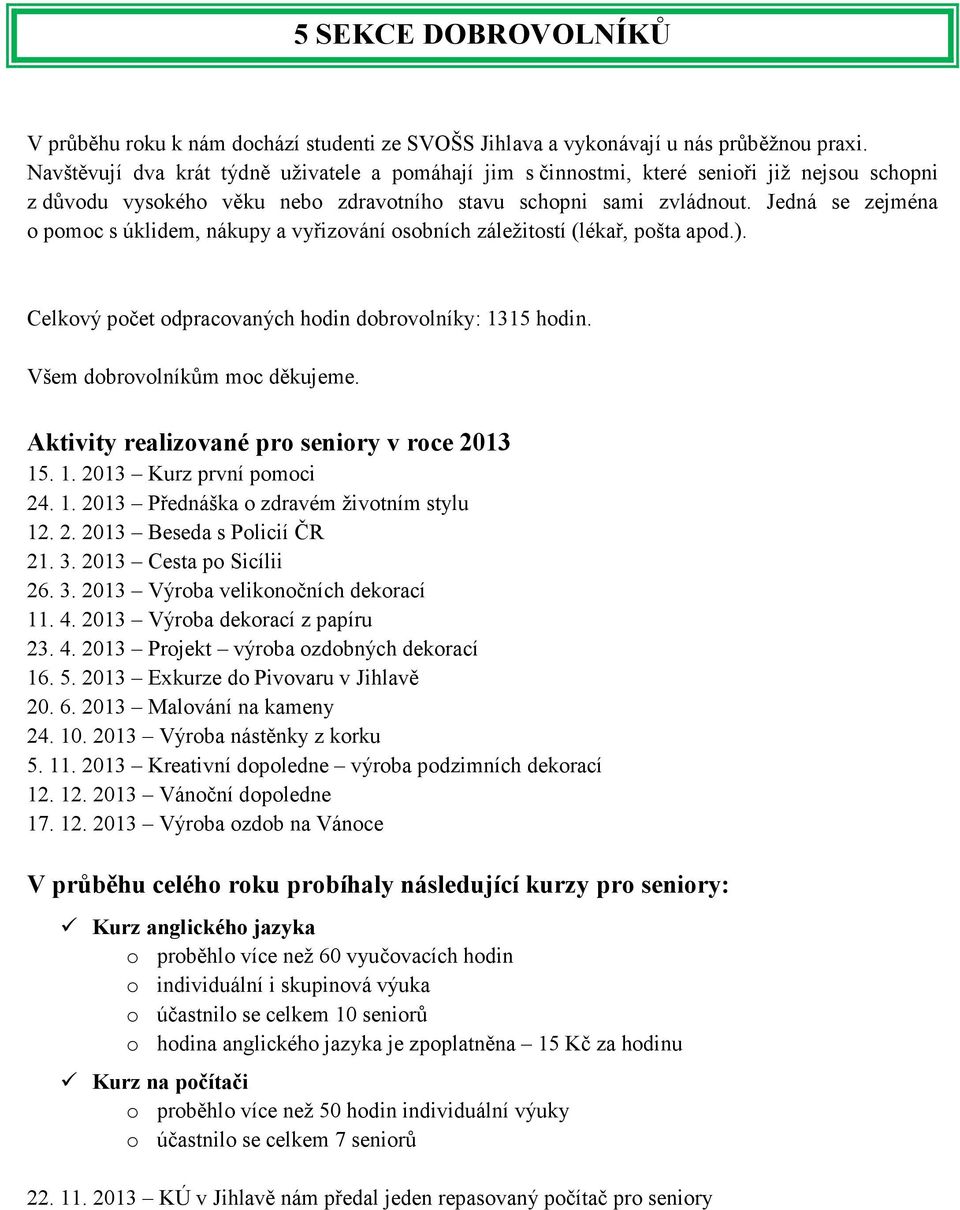 Jedná se zejména o pomoc s úklidem, nákupy a vyřizování osobních záležitostí (lékař, pošta apod.). Celkový počet odpracovaných hodin dobrovolníky: 1315 hodin. Všem dobrovolníkům moc děkujeme.