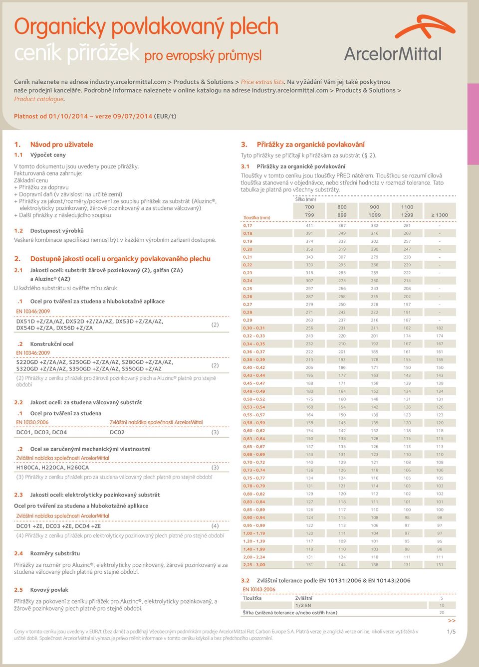 Platnost od 01/10/2014 verze 09/07/2014 (EUR/t) 1. Návod pro uživatele 1.1 Výpočet ceny V tomto dokumentu jsou uvedeny pouze přirážky.
