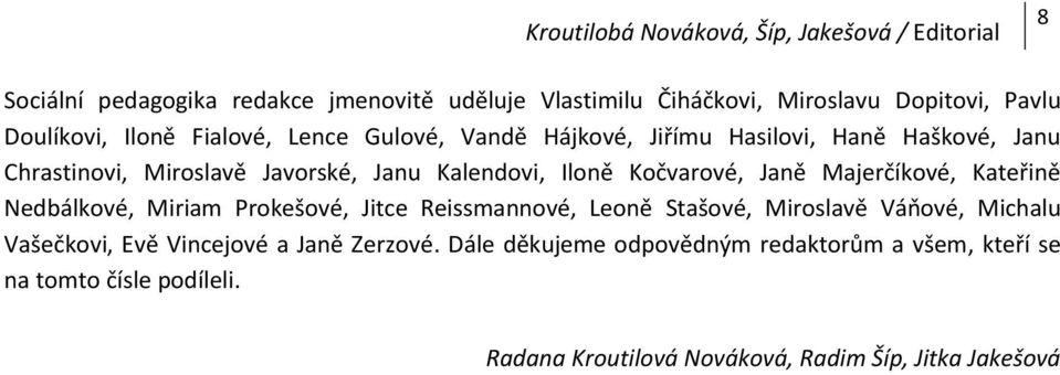 Kočvarové, Janě Majerčíkové, Kateřině Nedbálkové, Miriam Prokešové, Jitce Reissmannové, Leoně Stašové, Miroslavě Váňové, Michalu Vašečkovi, Evě