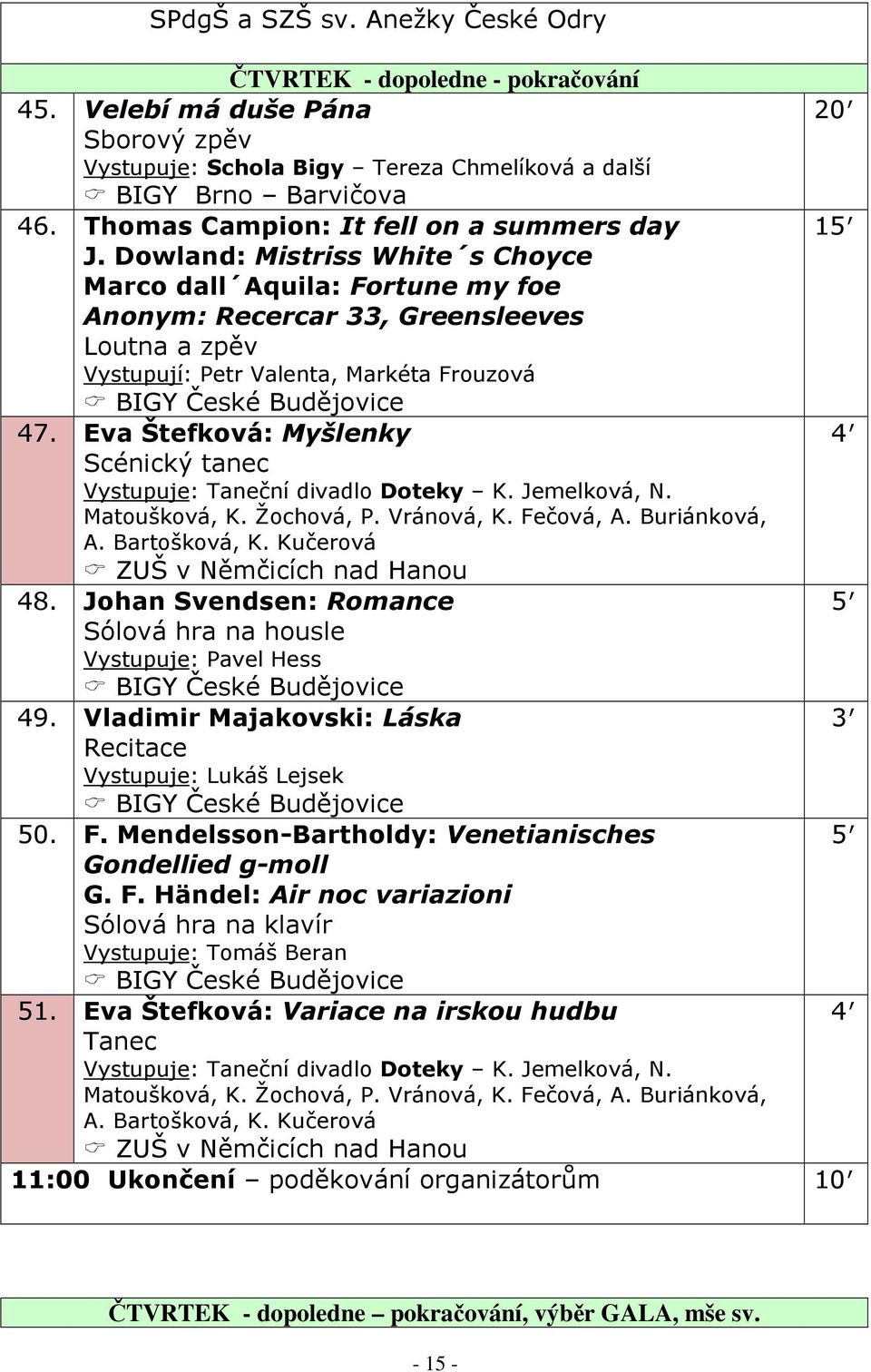 Dowland: Mistriss White s Choyce Marco dall Aquila: Fortune my foe Anonym: Recercar 33, Greensleeves Loutna a zpěv Vystupují: Petr Valenta, Markéta Frouzová BIGY České Budějovice 47.