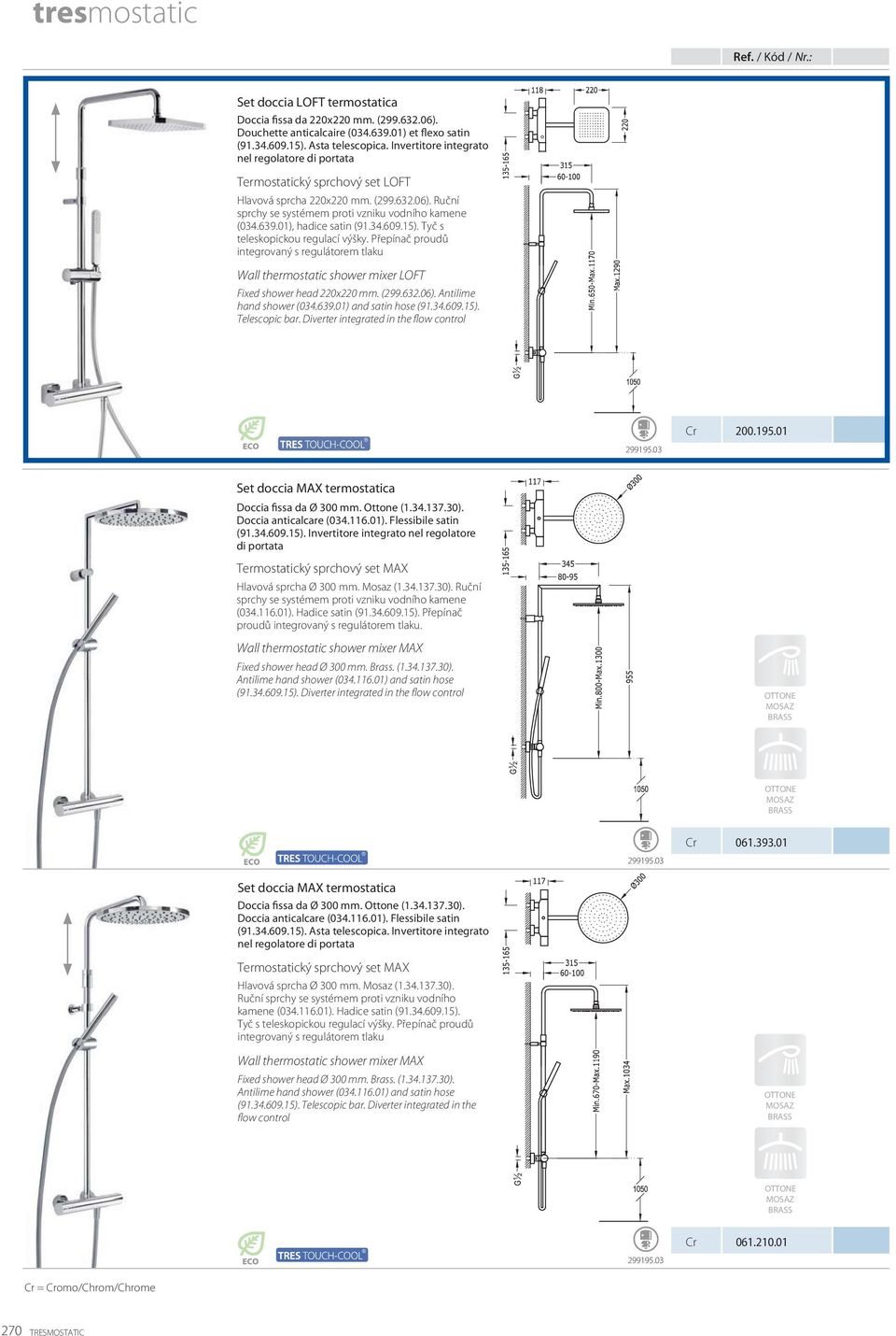 01), hadice satin Tyč s teleskopickou regulací výšky. Přepínač proudů integrovaný s regulátorem tlaku Wall thermostatic shower mixer LOFT Fixed shower head 220x220 mm. (299.632.06).