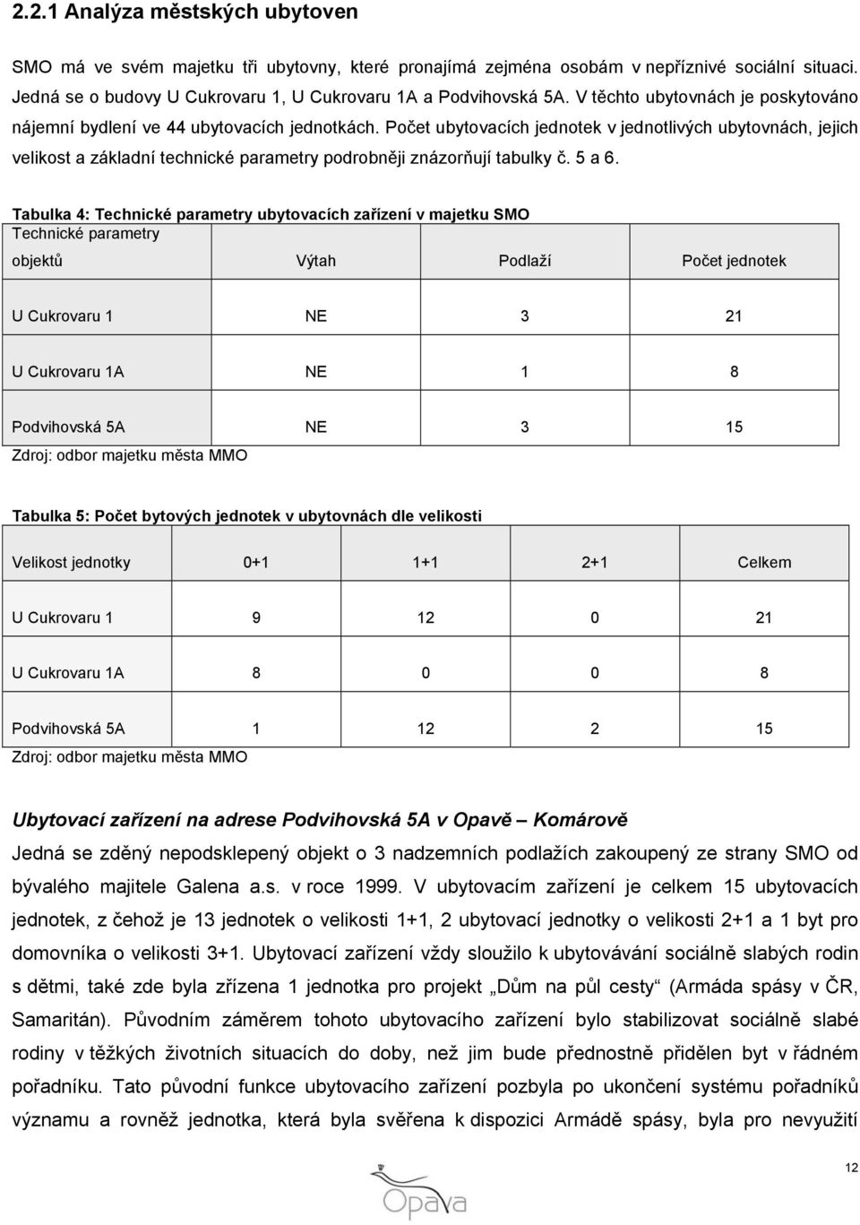 Počet ubytovacích jednotek v jednotlivých ubytovnách, jejich velikost a základní technické parametry podrobněji znázorňují tabulky č. 5 a 6.