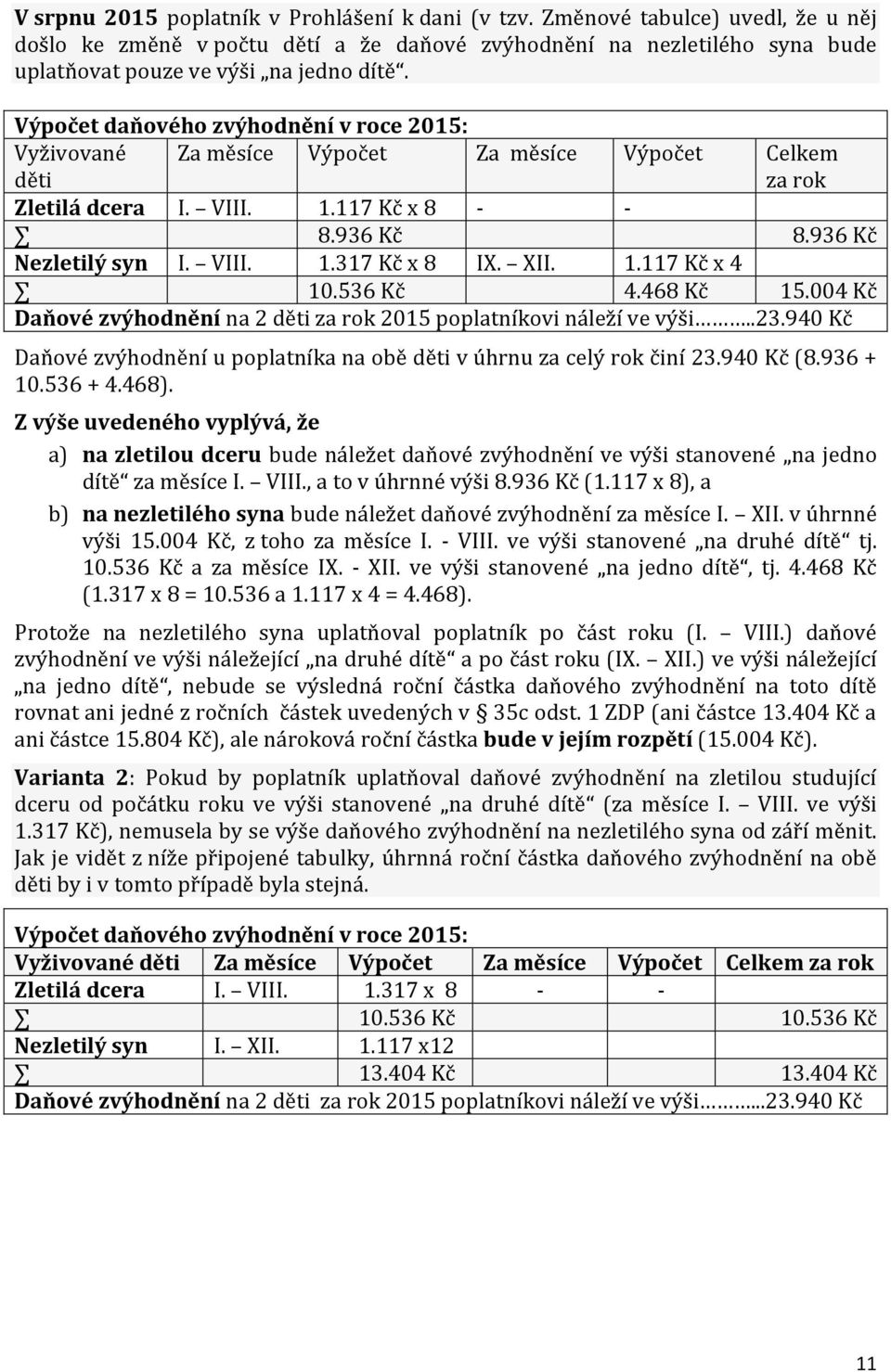 XII. 1.117 Kč x 4 10.536 Kč 4.468 Kč 15.004 Kč Daňové zvýhodnění na 2 děti za rok 2015 poplatníkovi náleží ve výši..23.940 Kč Daňové zvýhodnění u poplatníka na obě děti v úhrnu za celý rok činí 23.